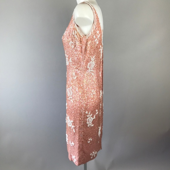 Vtg 50s Pink Sequin Beaded Wiggle Dress Rose L - Picture 4 of 7